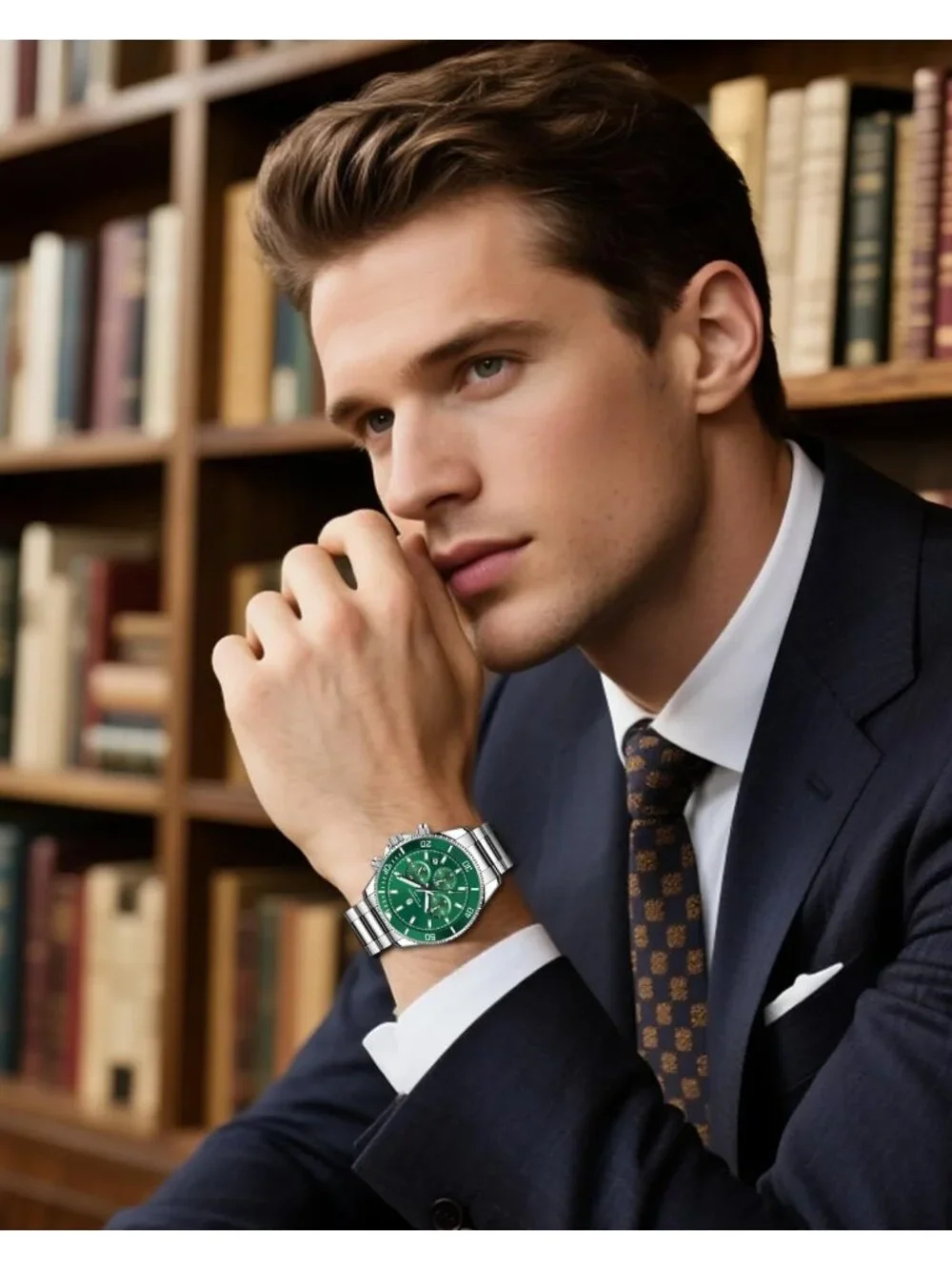 Men's Silver Strap/ Green face Chronograph Stainless Steel Quartz Wrist Watch